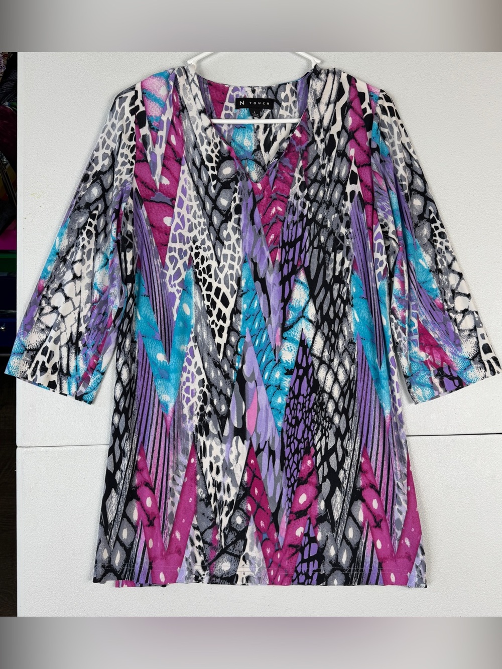 N Touch Tunic Top Womens L Large 3/4 Sleeved Pink Purple Multicolor